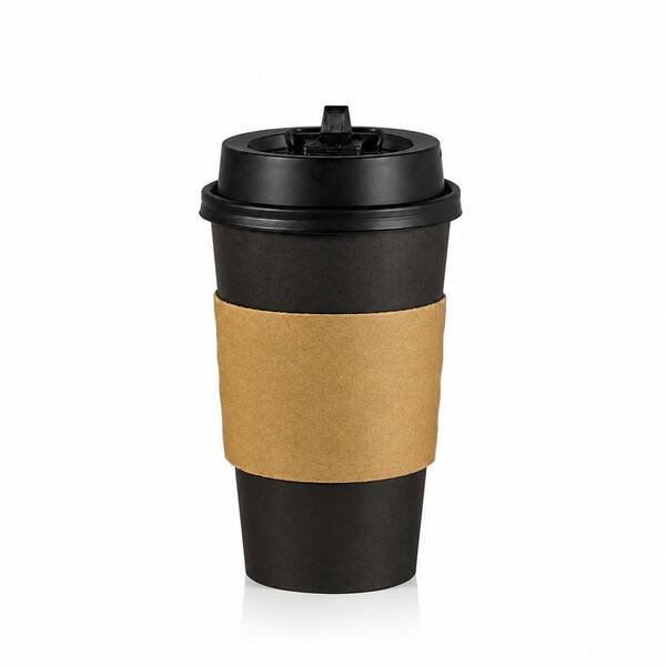 16 oz Black Disposable Paper Coffee Cups with Lids, Sleeves and Stirring Sticks, 100 Pack, for Parties and Events