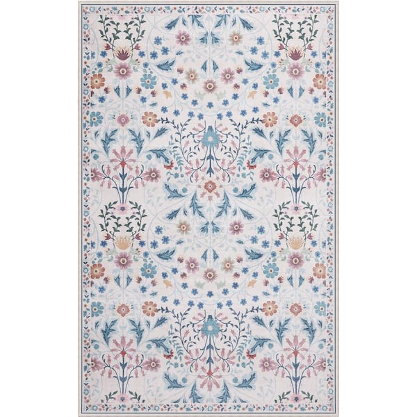Primrose Art Nouveau Floral Border Machine-Washable Cream/Turquoise 8 ft. x 10 ft. Area Rug