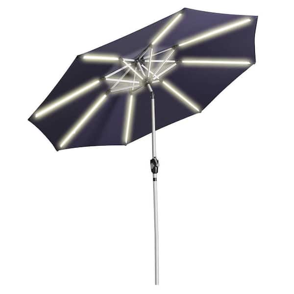Kadehome 9 ft. 3-Way Aluminum Market LED Lights Brush Outdoor Patio Umbrella in Navy