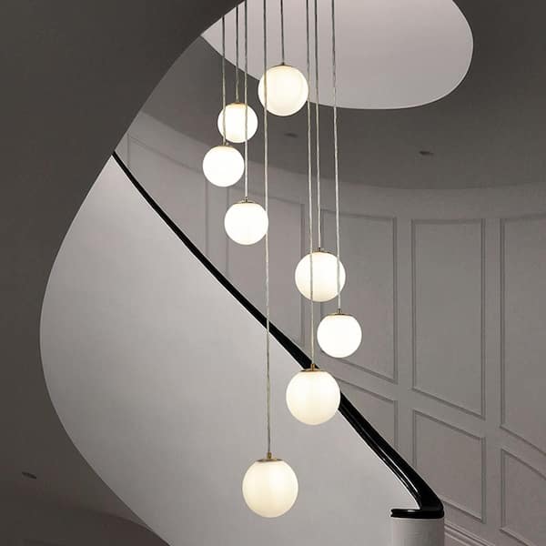 W18in. 8-Light Modern White Opal Glass Staircase Chandelier Globe Bubble Glass Pendant in Matte Black for Foyer Entryway