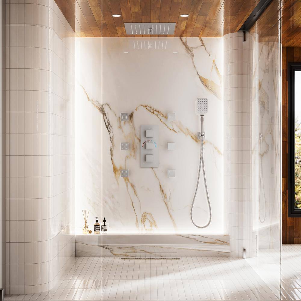 12" Brushed Nickel LED Ceiling Mounted Rainfall Shower System