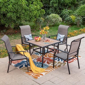 Black 5-Piece Metal Wood-Look Square Table Outdoor Patio Dining Set with Padded Textilene Chairs