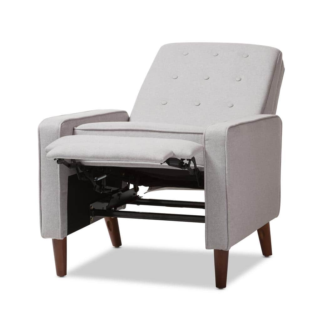 Light Grey Fabric and Walnut Wood Mid-Century Recliner