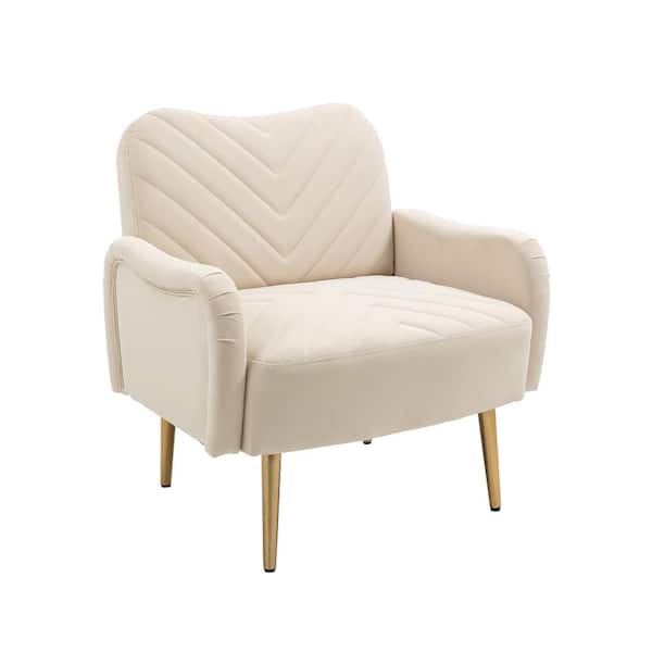 Unbranded Beige Accent Velvet Upholstered Armchair Chair with Triangle Stripes Tufted Backrest and Gold Metal Legs