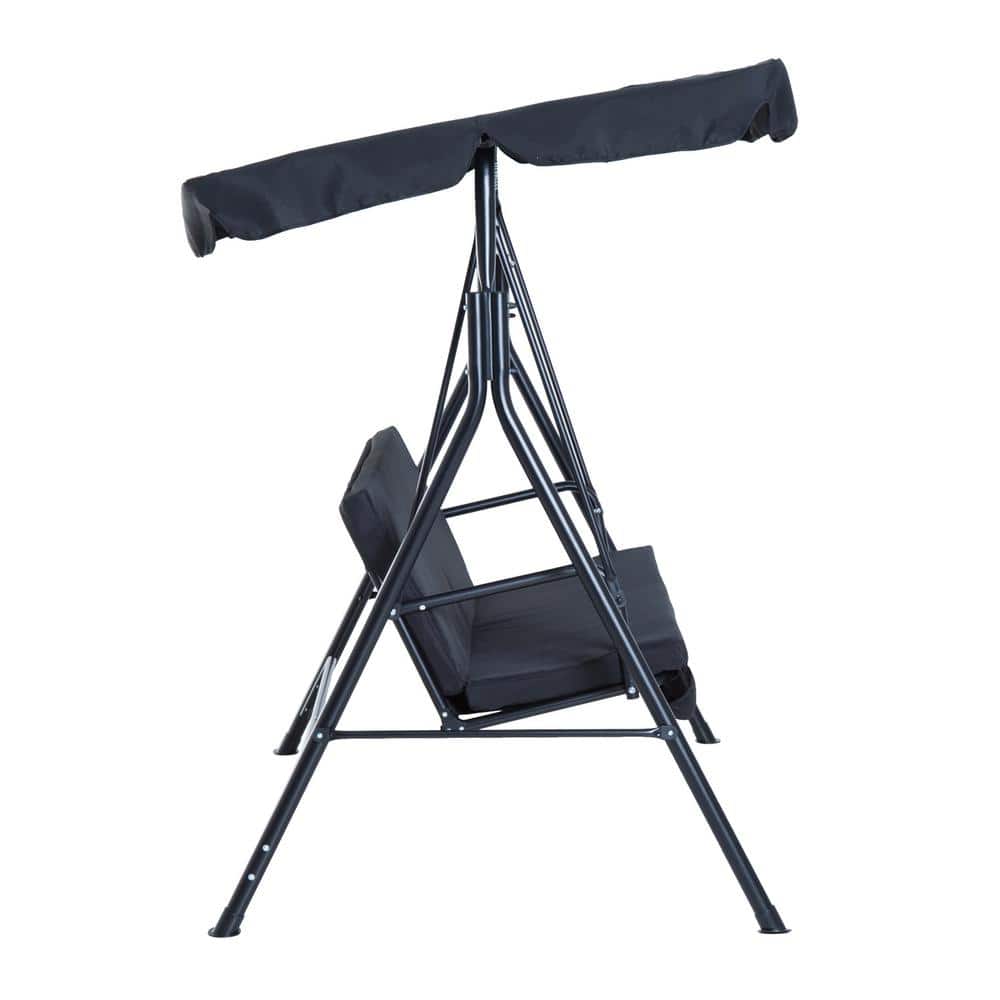 Black Steel Frame 3-Seat Outdoor Patio Swing with Adjustable Canopy