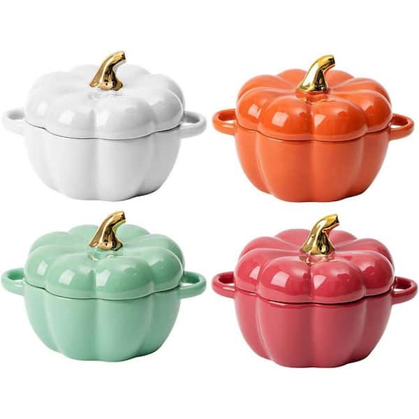 4-Piece Multicolor Ceramic Ramekin Set with Lid and Handle, Oven Safe, Nonstick, for Baking and Casseroles