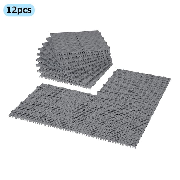 BTMWAY Gray 1 ft. x 1 ft. All-Weather Plastic Outdoor Interlocking Deck Tiles Cross Stripe Pattern Garage Floor Tiles (12-Pack)