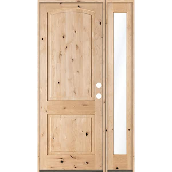 Krosswood Doors 44 in. x 96 in. Rustic Unfinished Knotty Alder Arch-Top Left-Hand Right Full Sidelite Clear Glass Prehung Front Door