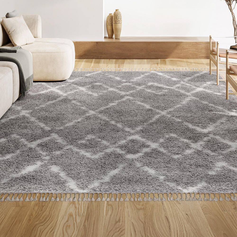 Grey and Ivory Rectangular Shag Moroccan Area Rug