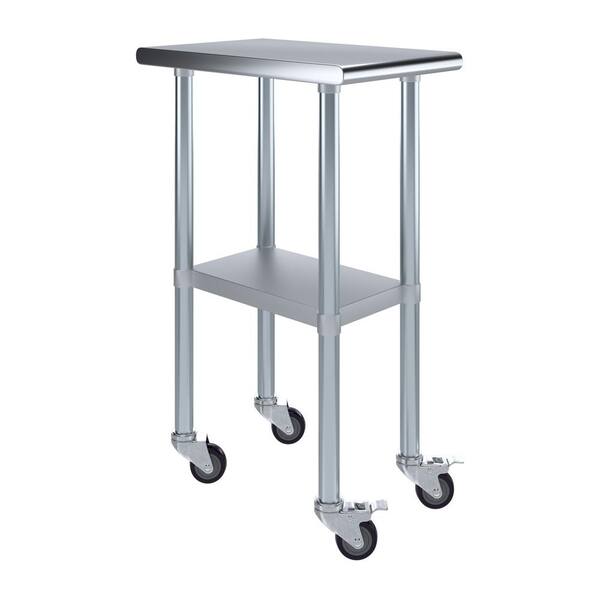 AMGOOD 24 in. x 15 in. Stainless Steel Work Table with Casters : Mobile Metal Kitchen Utility Table with Bottom Shelf