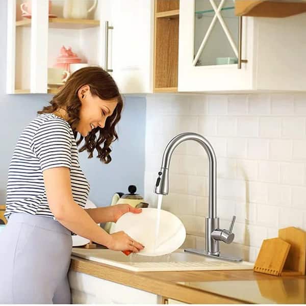 15.35 in. Single Handle Pull Down Sprayer Kitchen Faucet Commercial Sink 360° Swivel Spout for RV, Laundry in Nickel