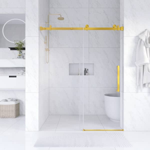 60 in. W x 76 in. H Sliding Frameless Shower Door in Brushed Gold Finish with Tempered Glass