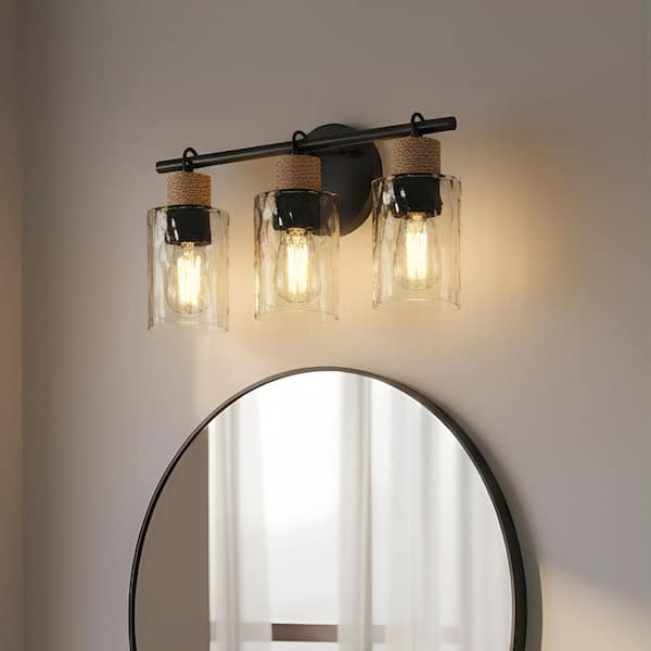 24 in. 3-Light Coastal Black Vanity Light with Clear Water Glass, Bathroom Wall Light Over Mirror