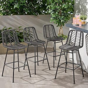 Sawtelle Grey and Black Faux Rattan Outdoor Bar Stool (4-Pack)