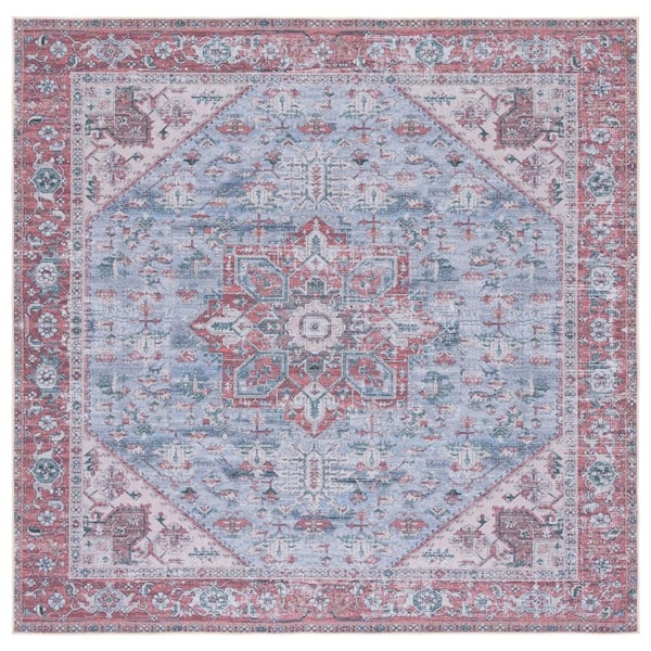 SAFAVIEH Tucson Gray Blue/Rust 5 ft. x 5 ft. Machine Washable Distressed Ornate Border Square Area Rug