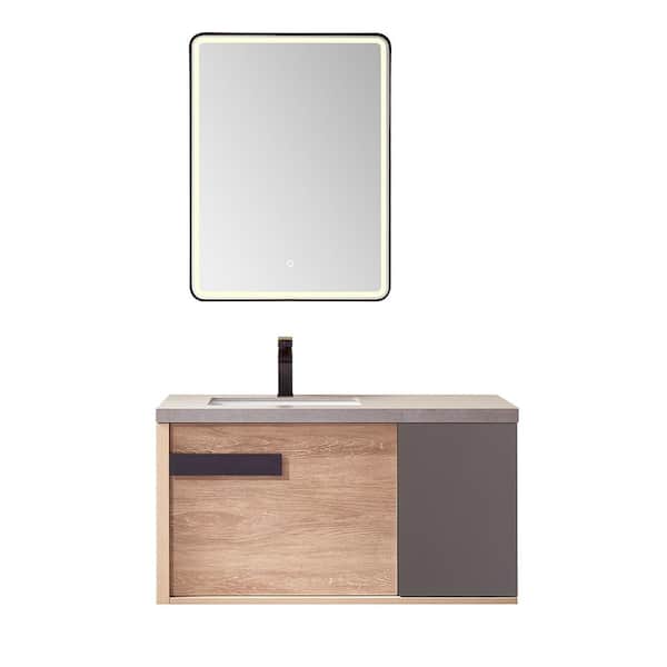 ROSWELL 40 in. W x 22 in. D x 21 in. H Single Sink Bath Vanity in N. American Oak with Grey Natural Stone Top and Mirror