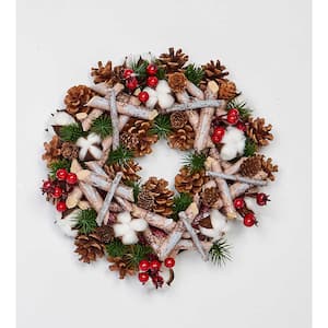 12 in. Artificial Birch Log Wreath with Pinecones Cotton and Berries