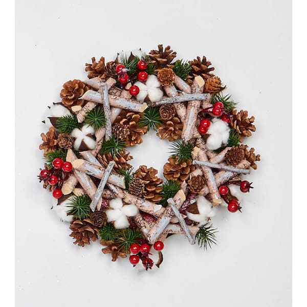 Unbranded 12 in. Artificial Birch Log Wreath with Pinecones Cotton and Berries