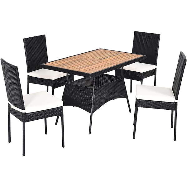 Costway 5-Piece Wicker Rectangular 29 in. Outdoor Dining Set Wood Top Table with White Cushions