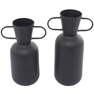 17 in., 15 in. Black Metal Decorative Vase with Handles (Set of 2)