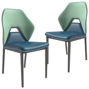 Eclat Modern Upholstered Leather Dining Side Chair with Metal Legs Set of 2 in Green Blue