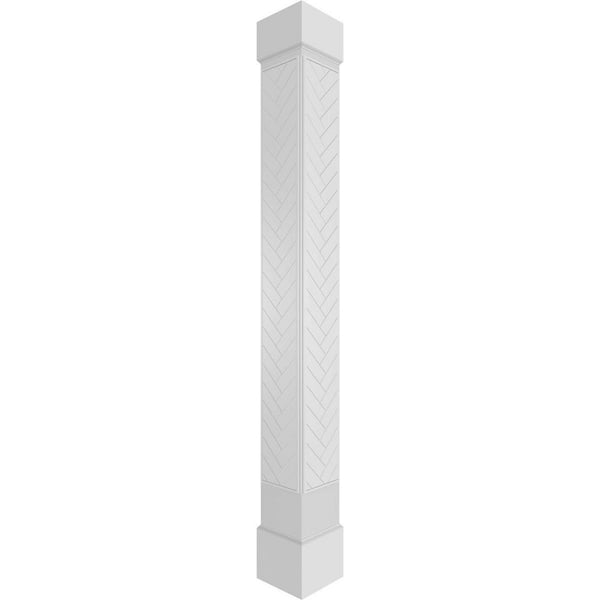 Ekena Millwork 11-5/8 in. x 9 ft. Premium Square Non-Tapered Herringbone Modern Fretwork PVC Column Wrap Kit w/Standard Capital & Base