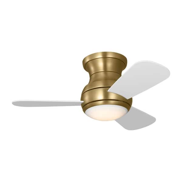 Orbis 32 in. Satin Brass Hugger LED Flush Mount Standard Ceiling Fan with Matte White Blades, Light Kit and Remote