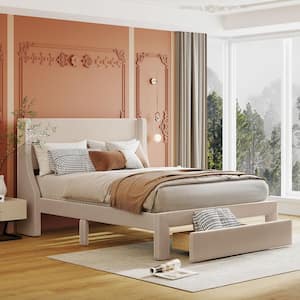 Beige Wood Frame Full Size Velvet Upholstered Platform Bed with a Big Drawer