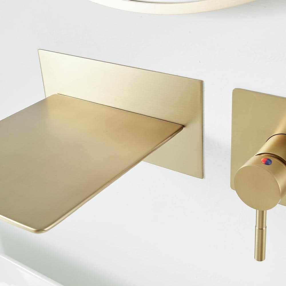 Brushed Gold Wall-Mount Single-Handle Bathroom Faucet with Shelf