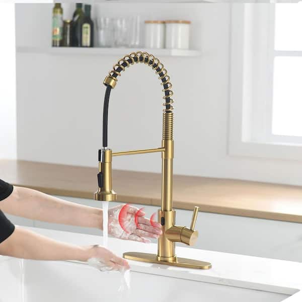 2-Spray Patterns Single Handle Touchless Pull Down Sprayer Kitchen Faucet with Deckplate Included in Brushed Gold