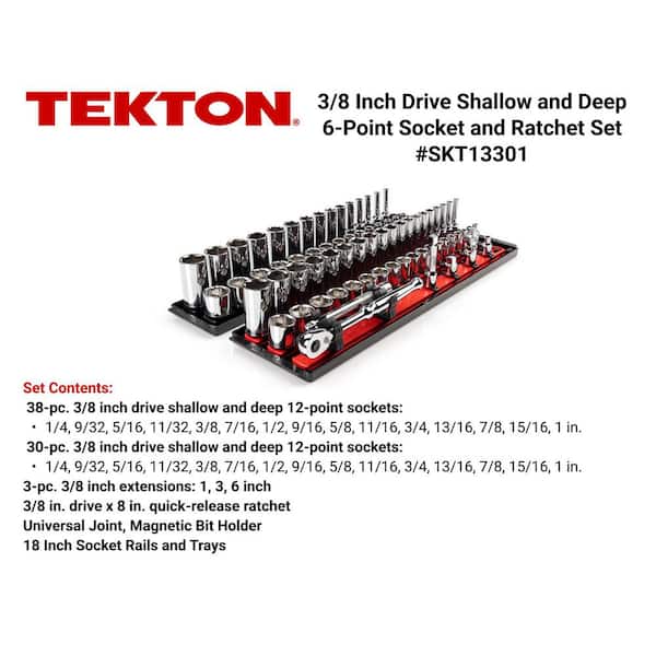 TEKTON 3/8 in. Drive 6-Point Socket and Ratchet Set with Rails (1