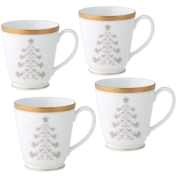 Charlotta Gold 12 fl. oz. (Gold) Porcelain Holiday Tree Mugs, (Set of 4)