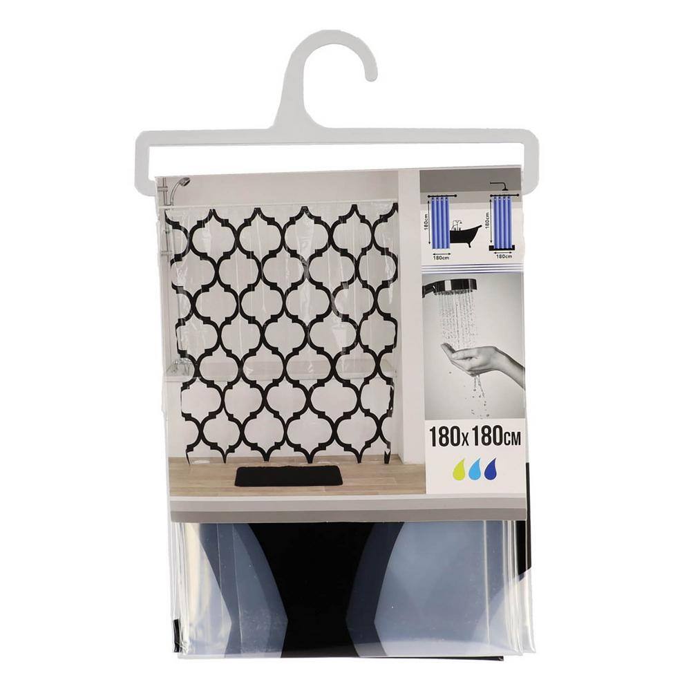 Transparent PEVA Shower Curtain with Black Arabesque Design, 71x71 Inches