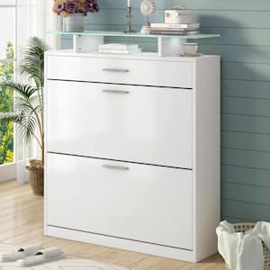 40.9 in. H x 35 in. W White Shoe Storage Cabinet with 2 Flip Drawers, Tempered Glass Top and LED Light