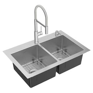 Tamarind Stainless Steel 33 in. Double Bowl Drop-In Kitchen Sink with Semi-Pro Faucet