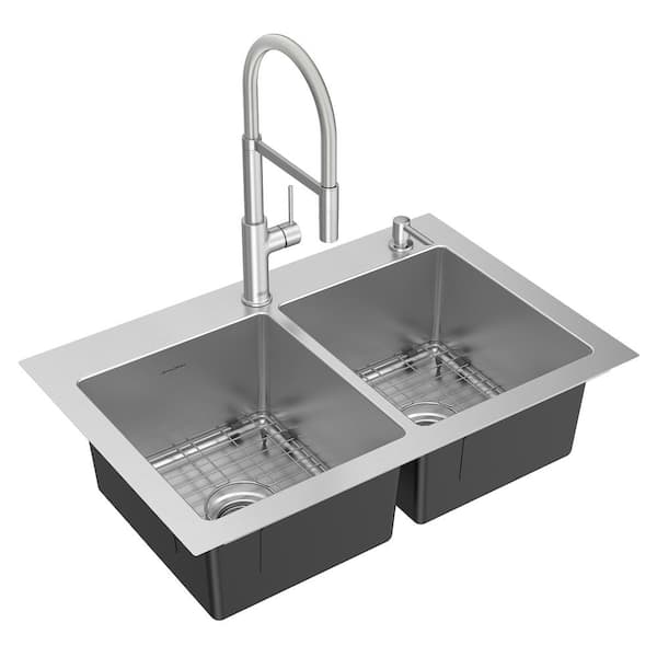 American Standard Tamarind Stainless Steel 33 in. Double Bowl Drop-In Kitchen Sink with Semi-Pro Faucet