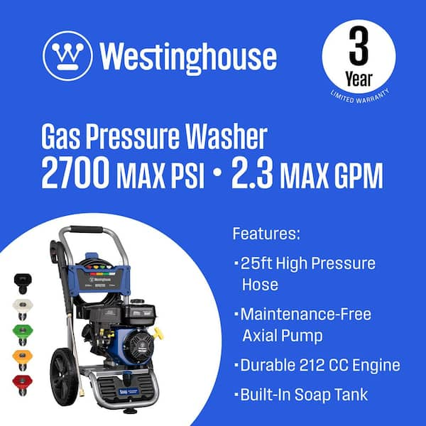 2700 PSI 2.3 GPM Gas Powered Axial Cam Pump Cold Water Pressure Washer with Soap Tank and 4 Quick Connect Tips