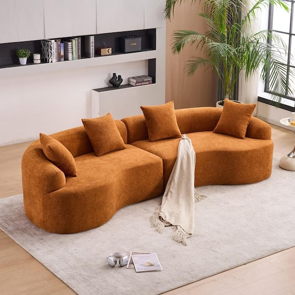 Harlan 110 in. Round Arm Chenille Upholstery Curved Compression Sofa in Orange