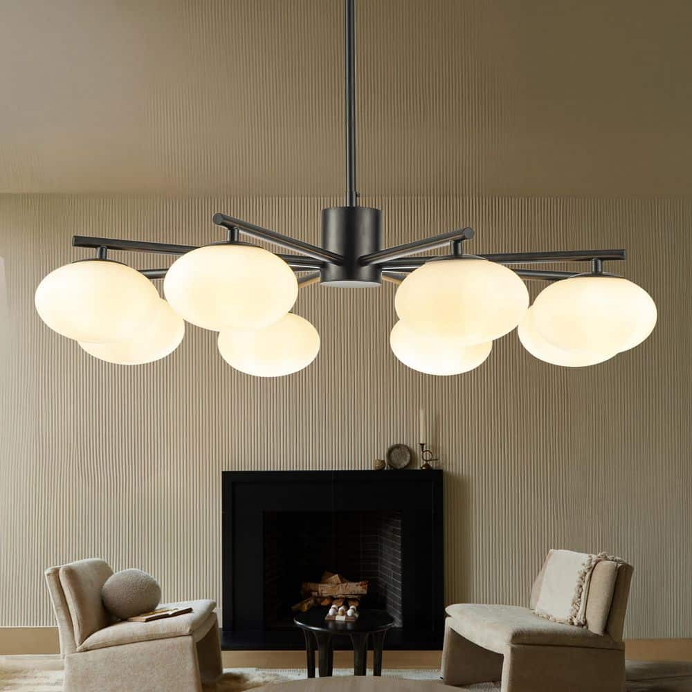 8-Light W 32 in. Matte Black Mid Century Modern Opal Glass Chandelier Class