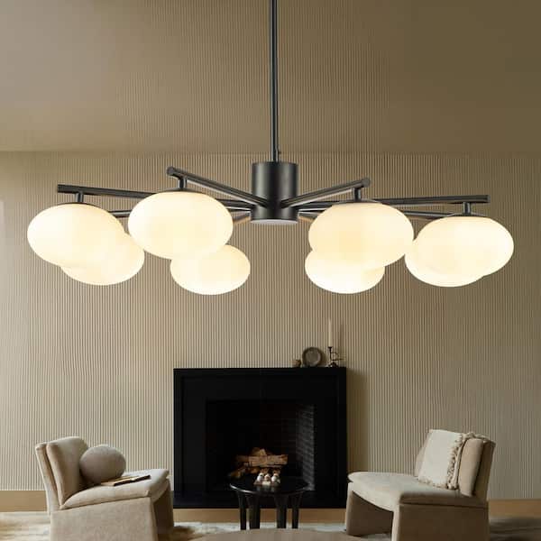 8-Light W 32 in. Matte Black Mid Century Modern Opal Glass Chandelier Classic Globe Pendant Light For Dining Room