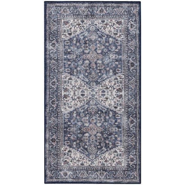 Unbranded Machine Washable Series doormat 1 Navy Ivory 2 ft. x 4 ft. Distressed Traditional Area Rug