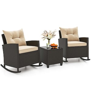 3-Piece Metal Rattan Patio Conversation Set with Beige Cushions