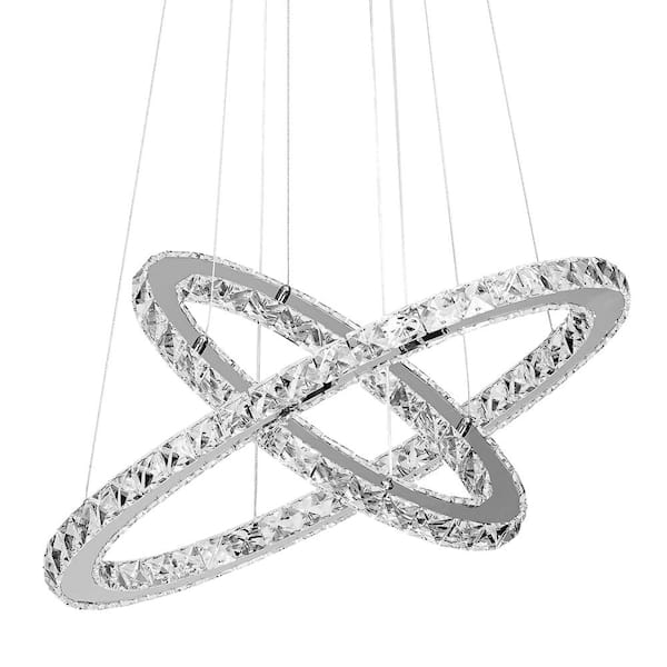 LamQee 11.8 in. and 19.6 in. Dia 54-Watt Integrated LED Chrome Double Ring Chandelier with K9 Clear Crystal