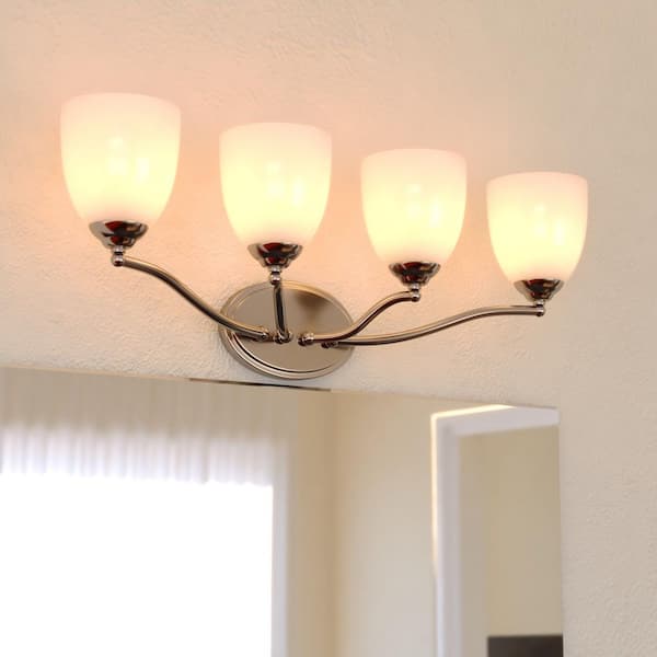 Bellwood 28 in. 4-Light Satin Nickel Vanity Light with White Frosted Glass Shade, LED Compatible Bathroom Wall Sconce