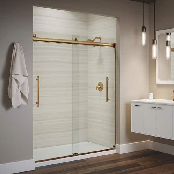 KOHLER Elmbrook 55-60 in. W x 74 in. H Sliding Frameless Shower Door in Vibrant Brushed Moderne Brass with Crystal Clear Glass
