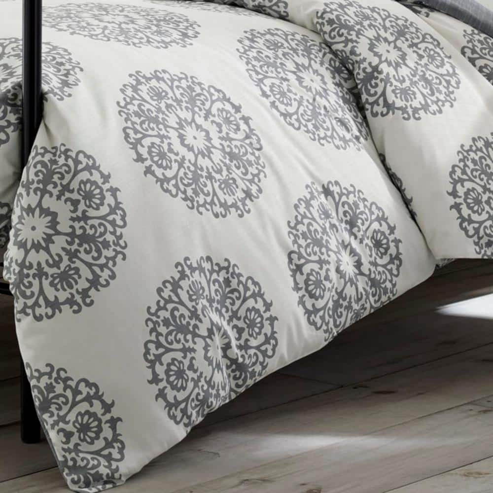 Full/Queen Gray Cotton Medallion Duvet Cover Set