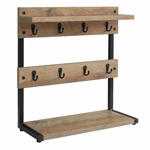 2-Tier Greige Countertop Mug Tree Holder Rack with Storage Base and 8 Hooks, Coffee Mug Holder Stand with Shelf