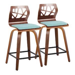 Folia 23.5 in. Teal Fabric, Walnut Wood, and Black Metal Fixed-Height Counter Stool (Set of 2)