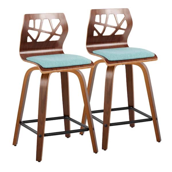 Lumisource Folia 23.5 in. Teal Fabric, Walnut Wood, and Black Metal Fixed-Height Counter Stool (Set of 2)