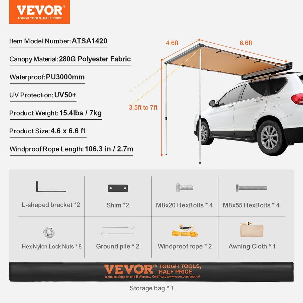 VEVOR 4.6x6.6ft Beige Polyester Retractable Vehicle Awning